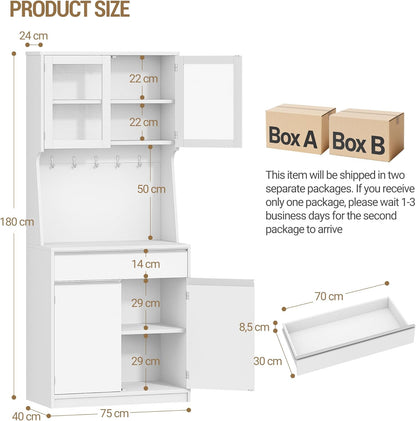 Hzuaneri Kitchen Cabinet, Buffet Cabinet, Tall Cabinet with Worktop and 4 Storage Compartments, Adjustable Shelves, Suitable for Kitchen or Living Room, 40 x 75 x 180 cm, Hemp White, PT40003XV1