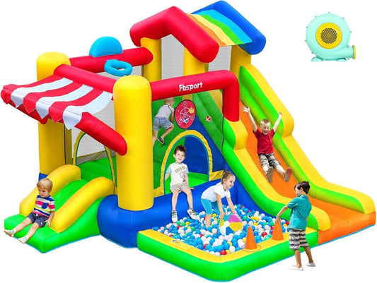 FBSPORT Opblaasbaar slot voor kinderen met dubbele glijbaan, trampoline, ballenbad, balwerper, klimwand en basketbalmand, voor binnen en buiten, 322 x 305 x 208 cm