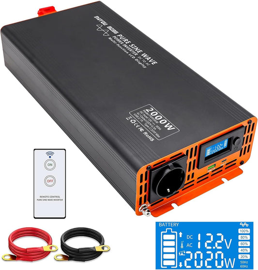 DATOUBOSS 2000W Omvormer 12v naar 230v Zuivere Sinus, Spanningsomvormer Pure Sine 12v 230v met AC-aansluiting en 3A USB-poort Soor Thuis, Camper, Off-Grid Zonne-energie-omvormer