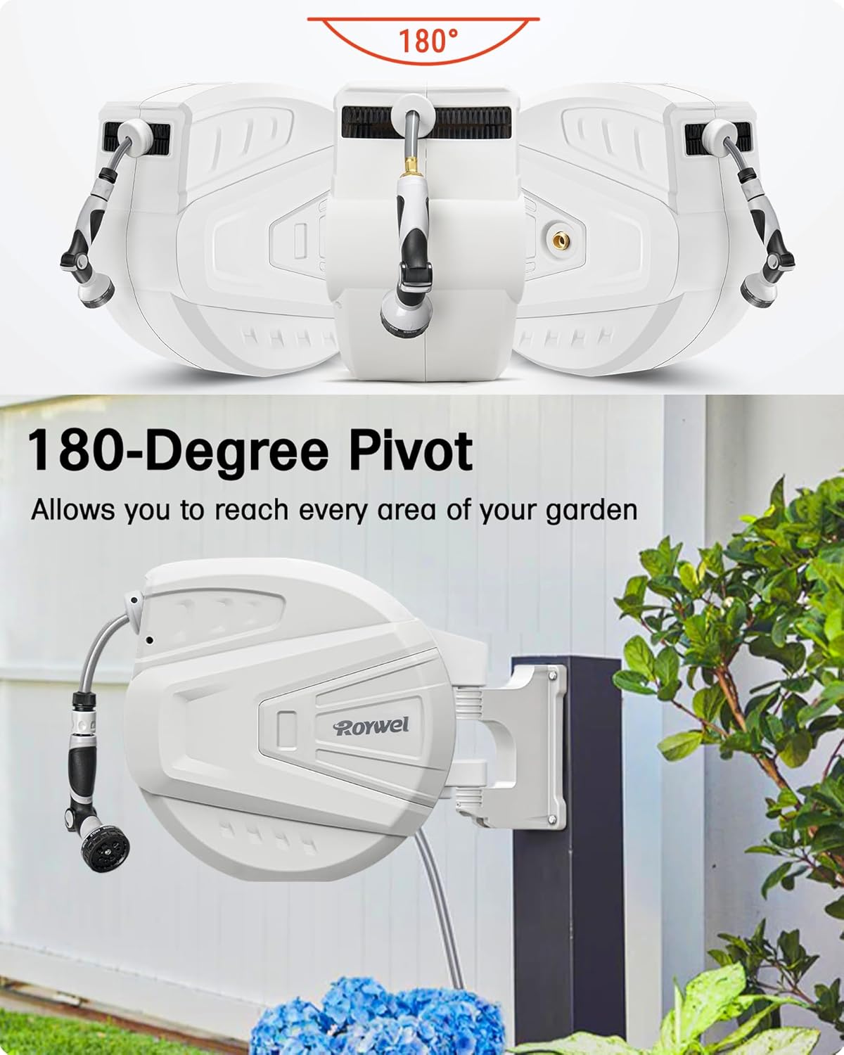 Tuinslanghaspel 30 m, wandgemonteerde slanghaspel zelfvergrendelend systeem/automatisch terugspoelen/wandmontage/180 ° draaibare beugel, muti-functie sproeikop voor tuin, gazon, garage