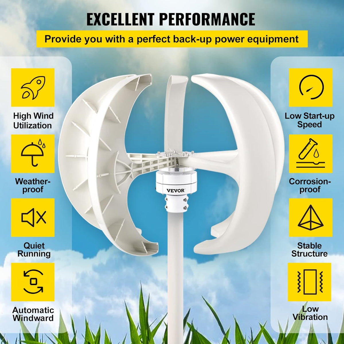 VEVOR Windgenerator, 600 W, 12 V, generator, zonne-turbine, generator, draagbare lantaarn