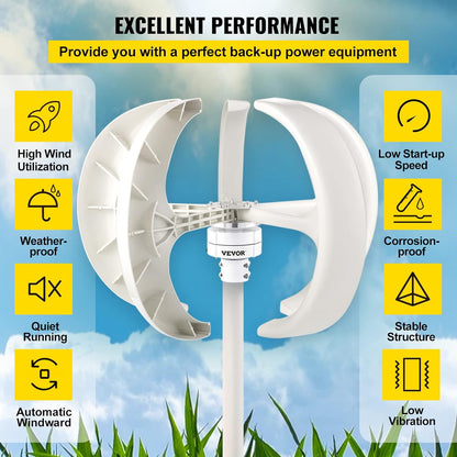 VEVOR Windgenerator, 600 W, 12 V, generator, zonne-turbine, generator, draagbare lantaarn