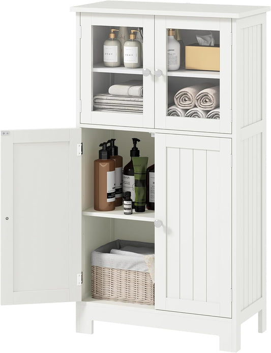 kleankin bathroom cabinet with glass doors and 2 storage compartments Storage cabinet with adjustable shelves Multi-function cabinet, anti-tilt protection, MDF, tempered glass, white, 60 x 30 x 109.5 - QUORE