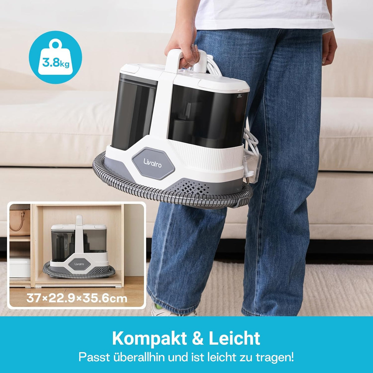 Gestoffeerde Reiniger – Apparaat – Natstofzuiger – Waszuiger – Tapijtreiniger – 600W Motor – 16 kPa Zuigkracht – 2,3L Watertank – Zelfreiniging – Compact – Voor Tapijt, Bank, Mat