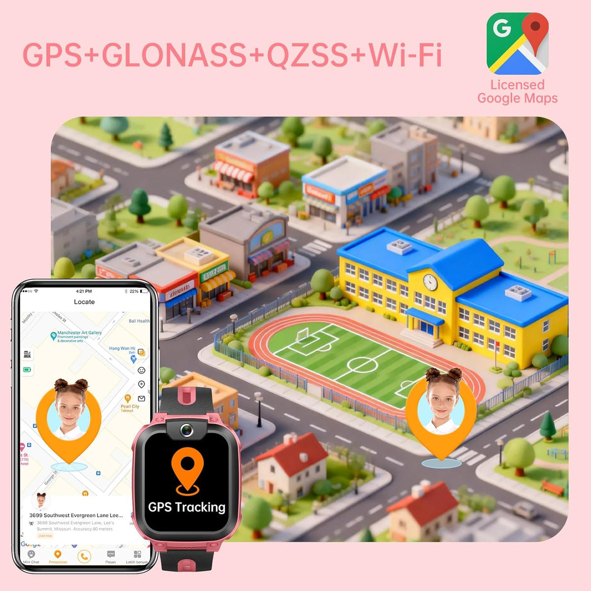 imoo Z1 Smartwatch voor kinderen met GPS, smartwatch voor kinderen met GPS en telefoon, kindersmartwatch met langdurige video en telefoonoproep, IPX8 waterdicht, roze