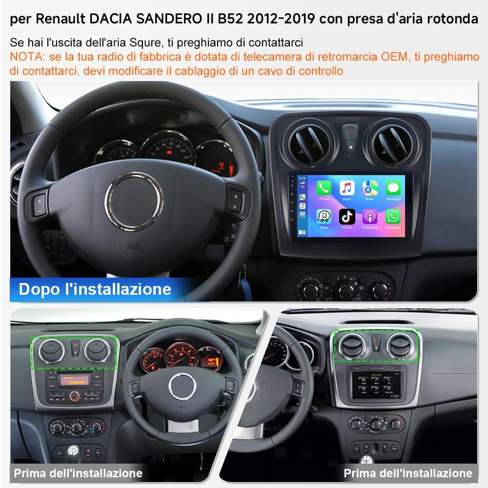 Android 13 autoradio 9 inch voor Renault Dacia Sandero 2 B52 2012-2019 stereo multimedia met GPS-navigator Bluetooth, draadloos, Carplay 2 + 32 GB (autoradio voor Renault Dacia SANDERO II)