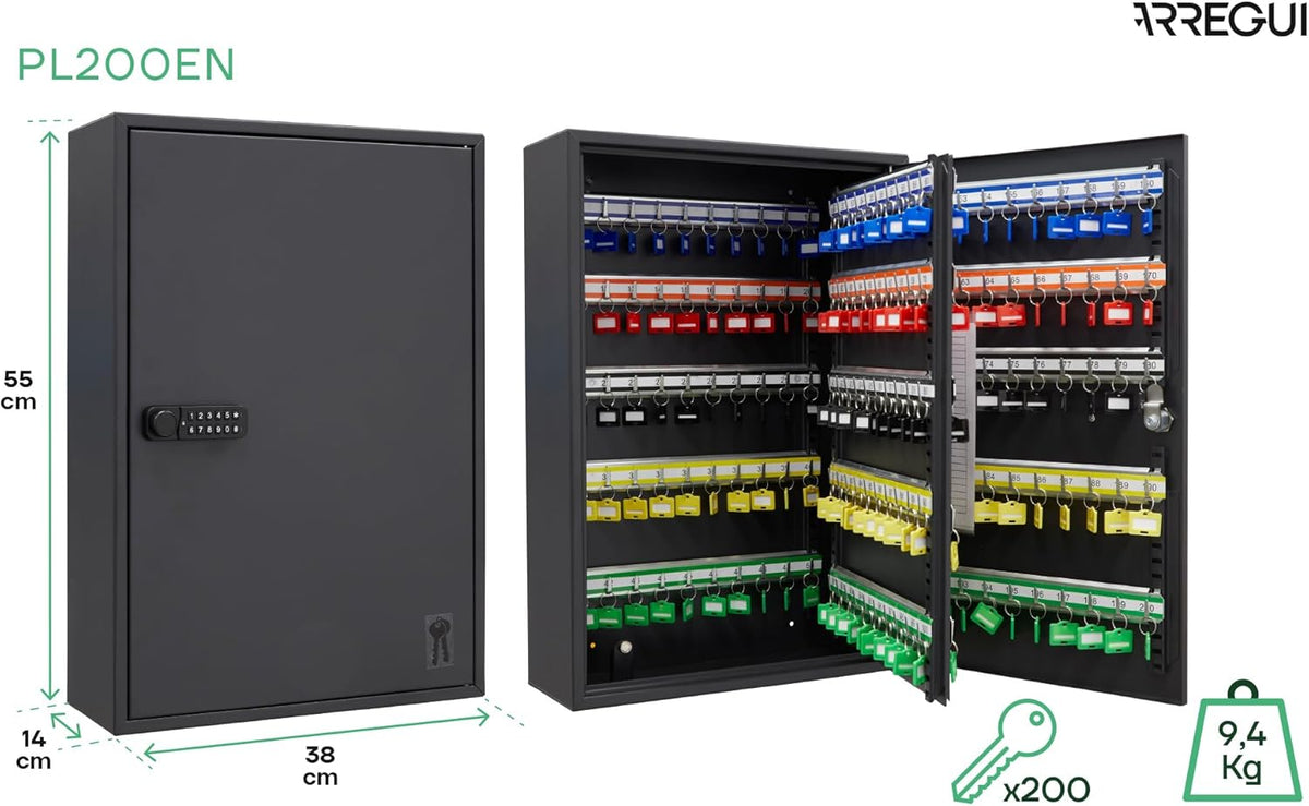 ARREGUI PL200EN Sleutelkast met 200 verstelbare haken, stalen sleutelbox met IP65 elektronisch slot, sleutelkast met cijferslot, programmeerbare codes, 55 x 38 x 14 cm, zwart