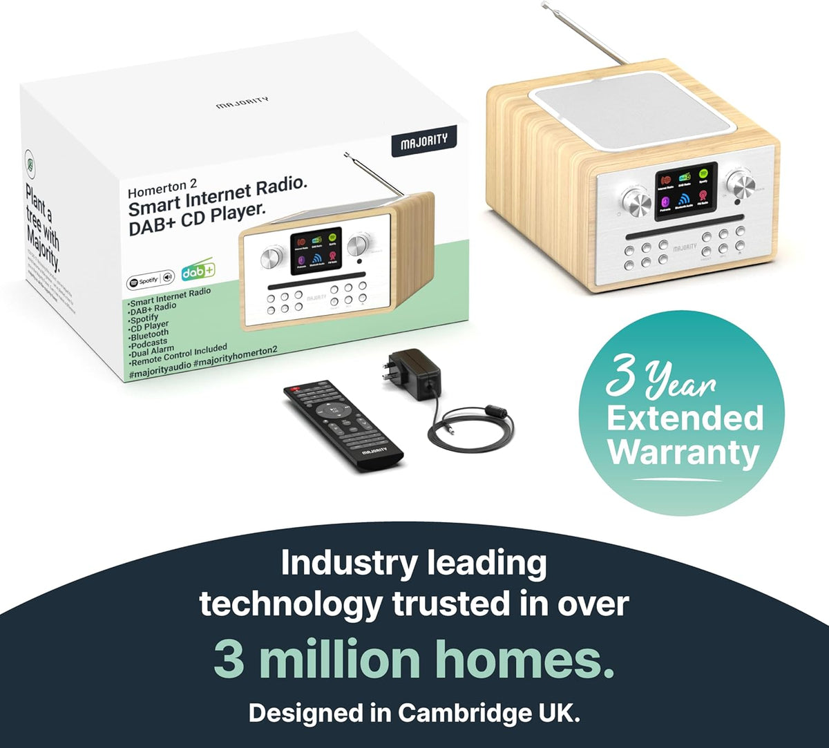 Majority Homerton Internetradio met CD-Speler & DAB+ | Bluetooth, Spotify Connect, FM-Radio, Podcasts | 90 Zenderpresets, Dubbel Alarm, EQ | Full Colour Display & Afstandsbediening | Eikenhout Design