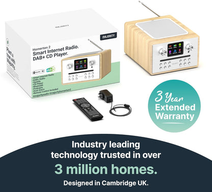 Majority Homerton Internetradio met CD-Speler & DAB+ | Bluetooth, Spotify Connect, FM-Radio, Podcasts | 90 Zenderpresets, Dubbel Alarm, EQ | Full Colour Display & Afstandsbediening | Eikenhout Design