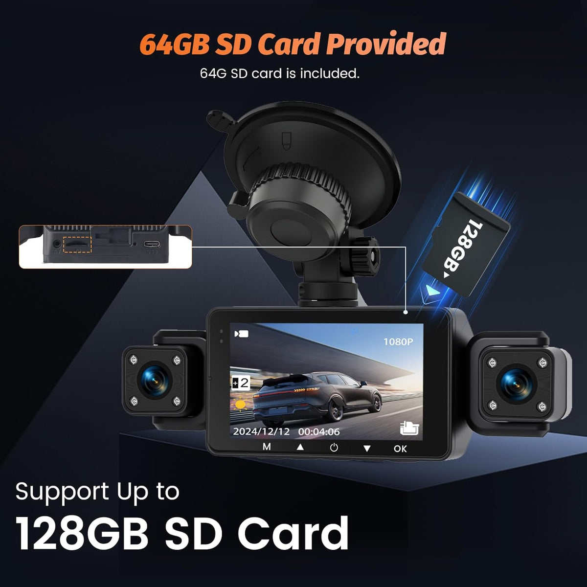 Roinvou 4K+1080P Dash CAM Auto, 5GHz WiFi Dashcam met SD-kaart 64GB, Autobewakingscamera met 3″ IPS-scherm, 170° groothoek, lusopname, G-sensor, nachtzicht