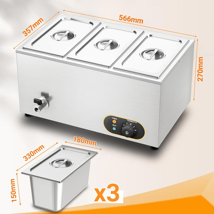 Bain Marie Voedselverwarmer, waterbad, Gastro GN-containers, 1/3 x 3 warmhouders, roestvrij staal, met afvoerkraan, 1500 W, elektrische buffetwarmer