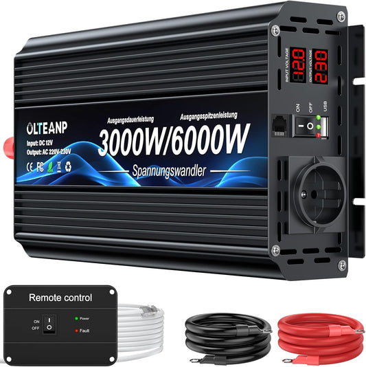 Voltage Inverter 12v 230v 3000W/6000W -Modified Sine Wave Inverter 12v to 230v Voltage Converter with LCD Screen, Remote Control & USB Connections EU Jack for Caravans, Camping - QUORE