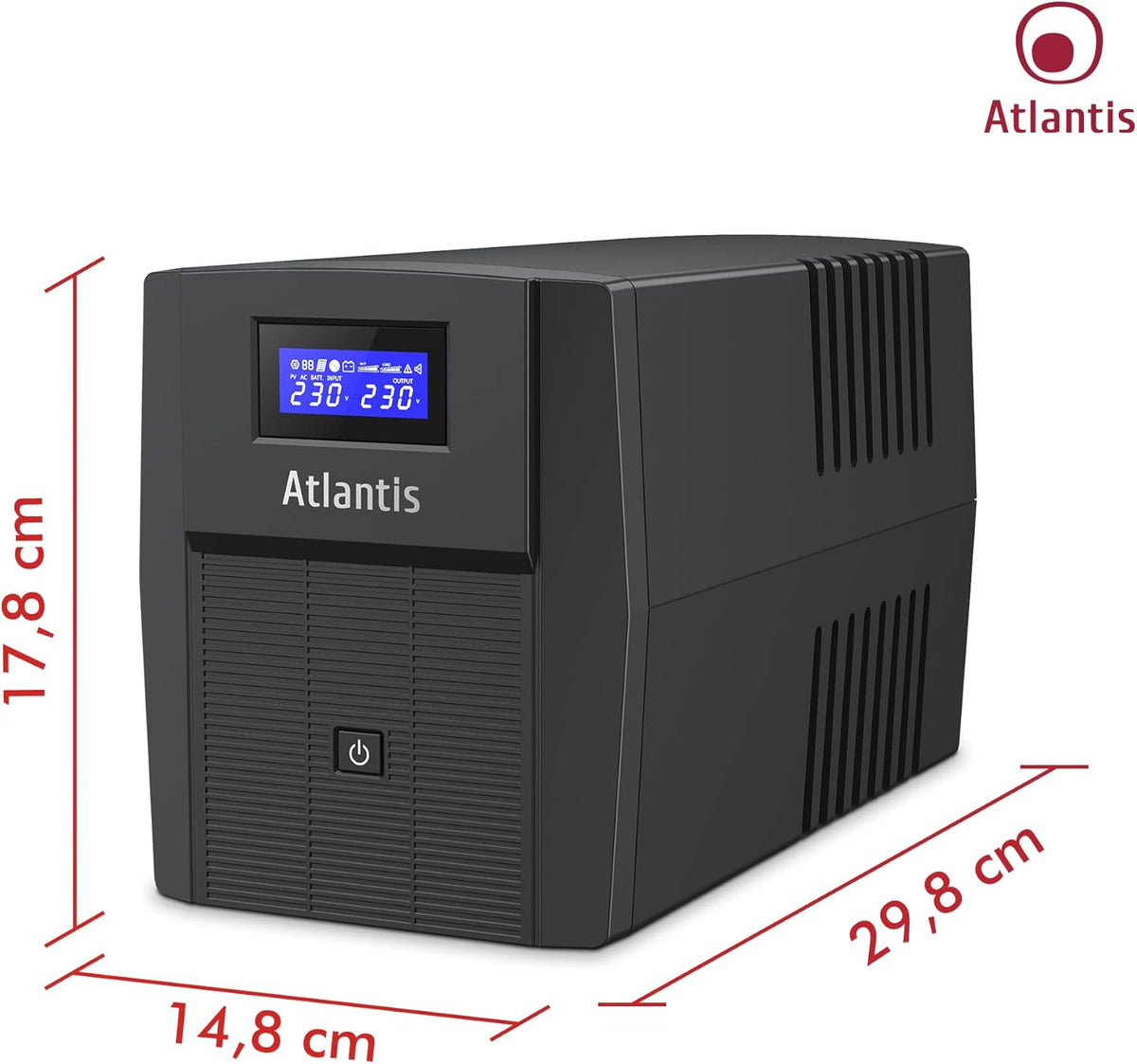 Atlantis A03-HP2003 Ononderbroken sinusgolf 1500 VA 900 W Line Interactive, LCD-display, USB-HID-aansluiting, 3 IEC-uitgangen + 2 geaarde stopcontacten + Alim-kabel, 2 accu's 12 V-9 Ah, bescherming