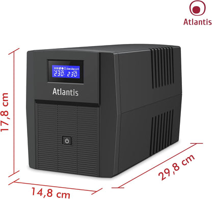 Atlantis A03-HP2003 Ononderbroken sinusgolf 1500 VA 900 W Line Interactive, LCD-display, USB-HID-aansluiting, 3 IEC-uitgangen + 2 geaarde stopcontacten + Alim-kabel, 2 accu's 12 V-9 Ah, bescherming