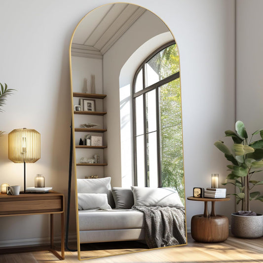Grote staande spiegel over heel de lengte, vrijstaande vloerspiegel voor de slaapkamer, woonkamer en entree, ideaal voor elke ruimte, boog, goudkleurige rand, 192 x 85 cm