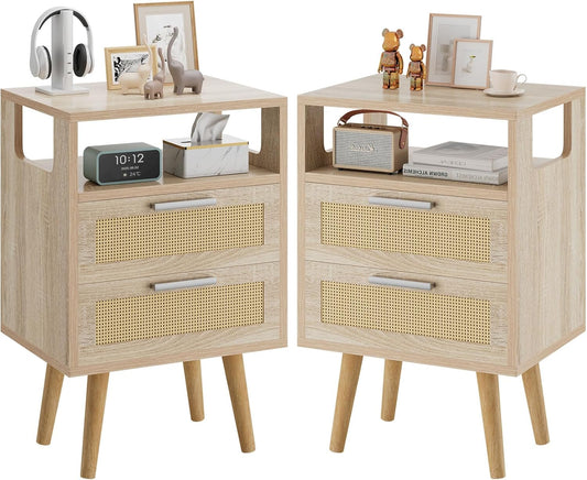 Rattan Nachtkastje – Bijzettafeltje – Bedside Table – Nachtkastjes Set – Boho Koffietafel – 2 Lades & Open Plank – Massief Houten Poten 59 cm Hoog