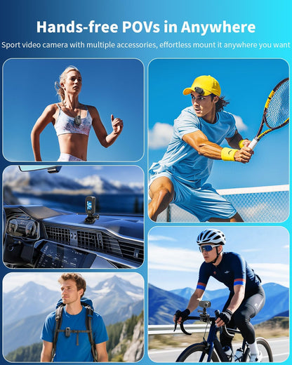 Action Cam 4K WiFi, lichaamscamera, mini bodycam, 64 GB, 150 graden kleine motor-/sportcamera, helmcamera met display, actiecamera's, vlog, videocamera met multifunctionele accessoires