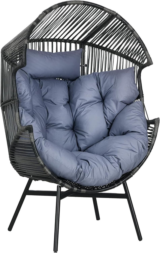 Outsunny Rattansessel, Rattan Korbsessel mit dickem Sitzkissen, Gartensessel in Eiform, 120 kg load bar, für Terrasse, Garten, Grau