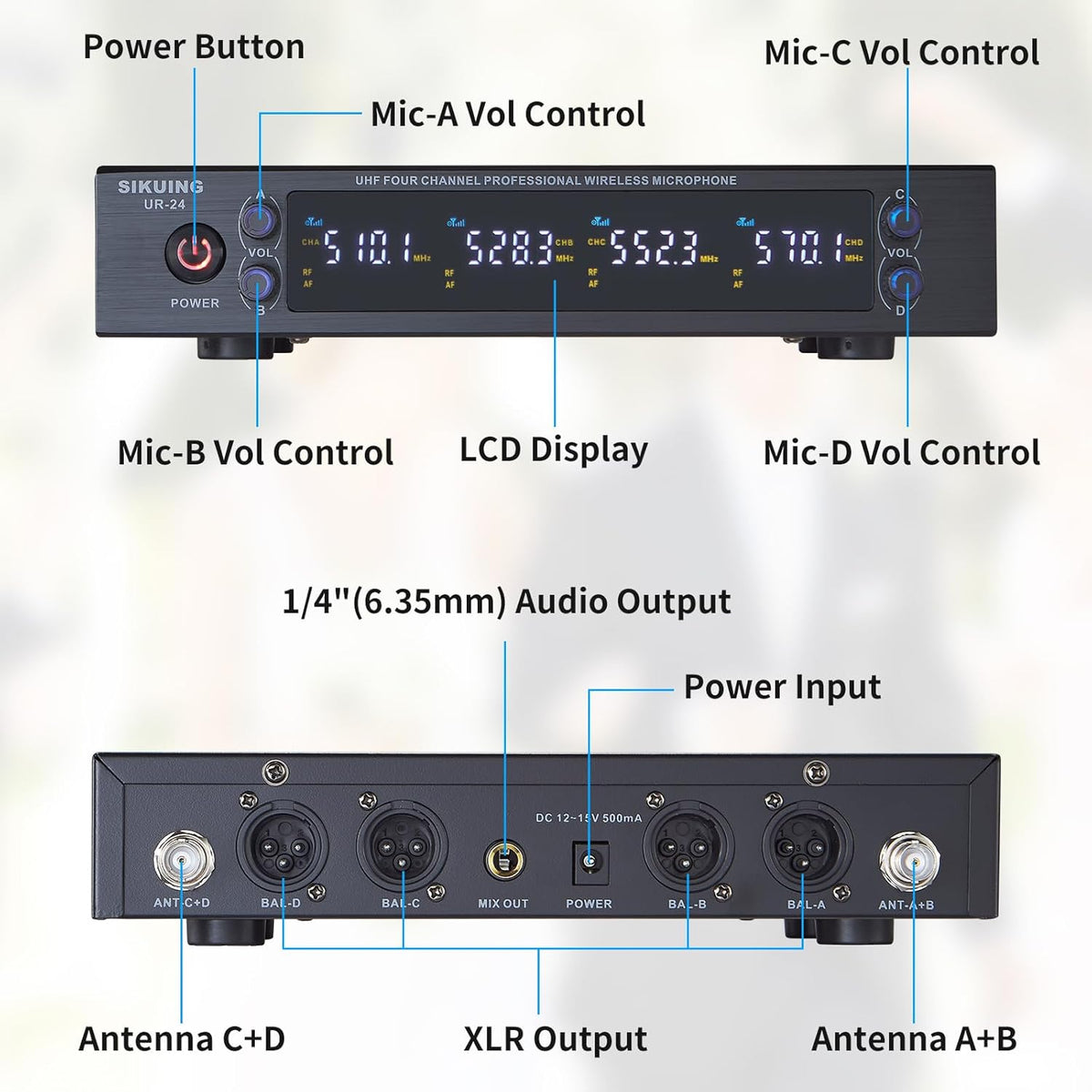 4-kanaals draadloos microfoonsysteem met lavalier- en headsetmicrofoons, 4x50 instelbare frequenties, ideaal voor karaoke, bijeenkomsten, kerk, 300 ft bereik (4 bodypacks)