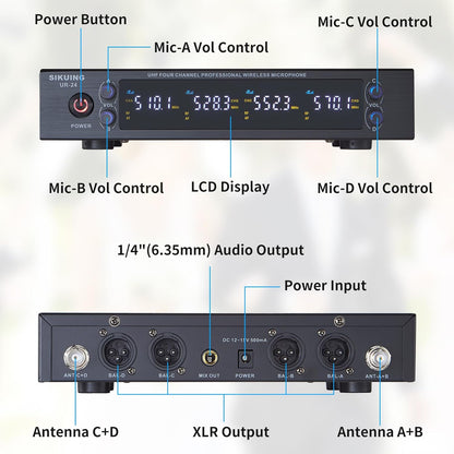 4-kanaals draadloos microfoonsysteem met lavalier- en headsetmicrofoons, 4x50 instelbare frequenties, ideaal voor karaoke, bijeenkomsten, kerk, 300 ft bereik (4 bodypacks)