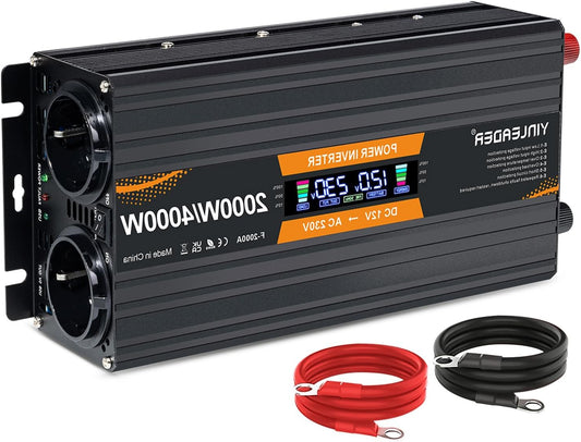 Yinleader Inverter 12V 230V 2000W Voltage Converter with LCD Display DC 12V to 230V AC Peak Power Inverter with 2 EU Sockets and USB Port for Car, Camping, RV, Household, Truck / - QUORE