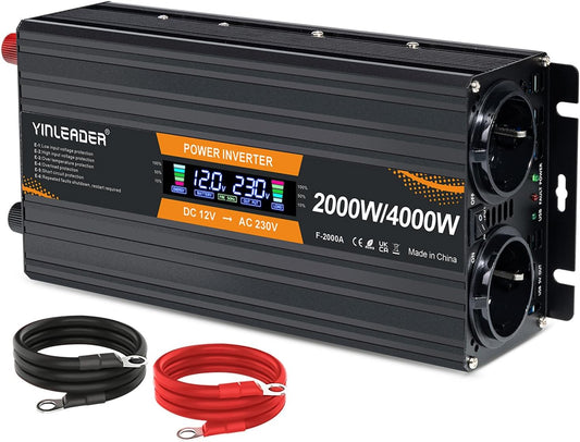 Omvormer 12V Naar 230V 2000W – Spanningsomvormer – Stroomomvormer – DC-AC Omvormer – Inverter – LCD-Display – 2 Stopcontacten En USB-Poorten