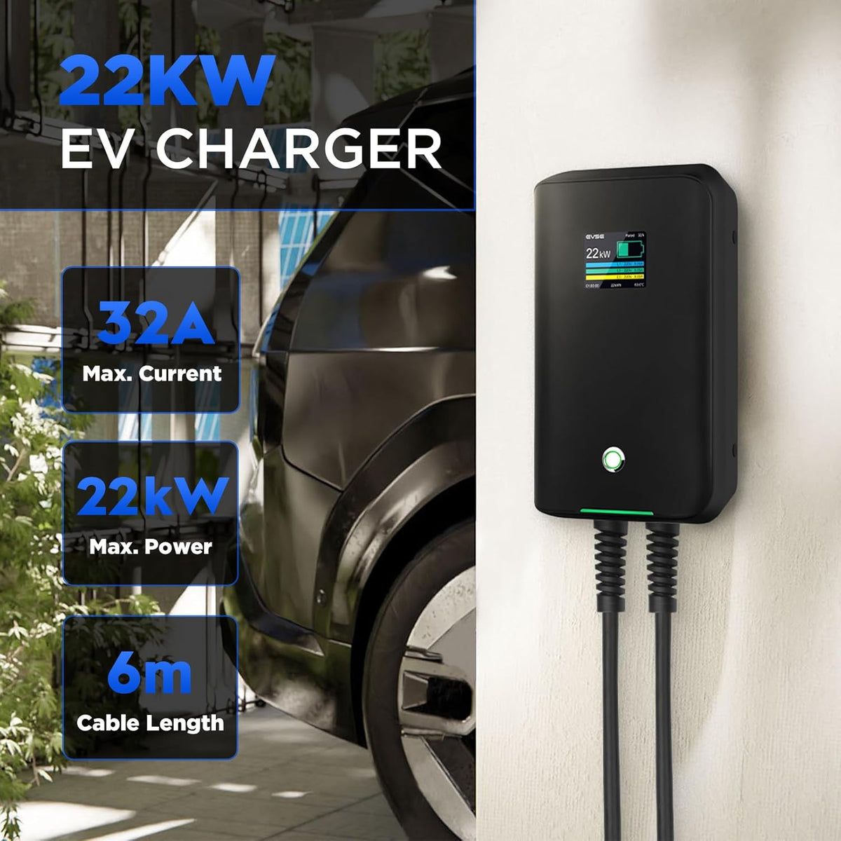 Wandlaadstation 22 kW voor elektrische voertuigen, 32 A driefasig laadstation met 6,1 m type 2 oplaadkabel voor elektrische voertuigen die voldoen aan IEC 62196-2