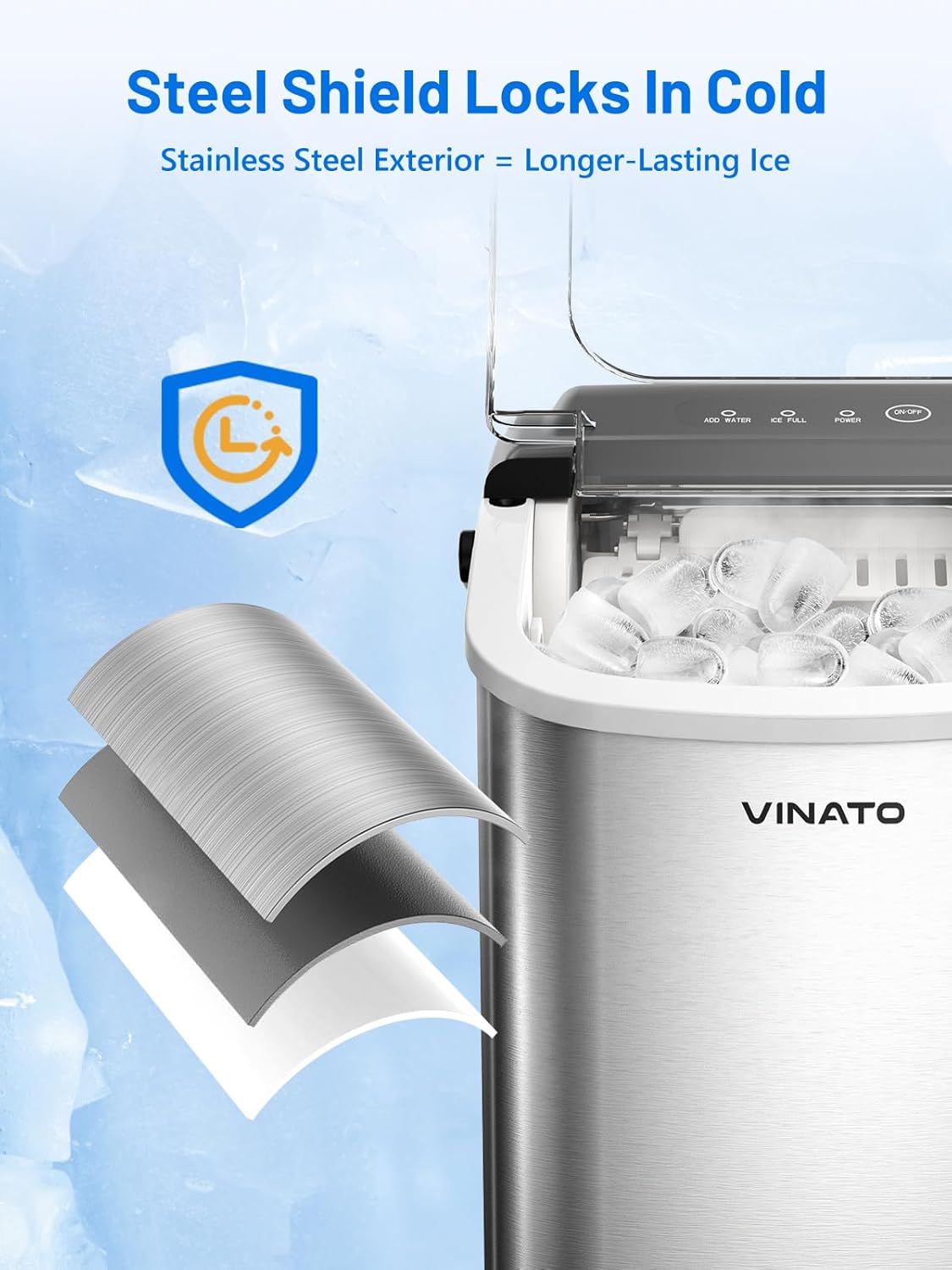 VINATO IJsmachine, kleine ijsmachine, 9 ijsblokjes in slechts 6-8 minuten, ijsmachine 12 kg/24 uur, draagbare ijsmachine voor keuken, bar, camping