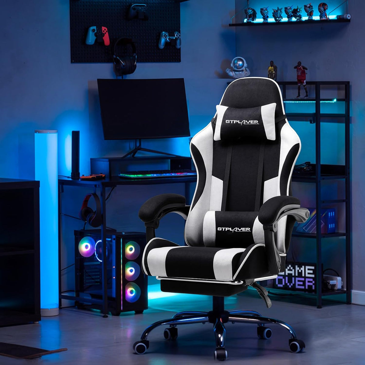 GTPLAYER Gamingstoel, bureaustoel, ergonomische pc-stoel, gamingstoel met massagesteun, task stoelen met voetensteun en hoofdsteun, witte stof