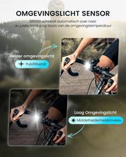 Fietslamp - Fietslicht - Fietsverlichting Set - Oplaadbaar - met 1500 Lm Koplamp - Smart Achterlicht - 5 Helderheidsniveaus - USB-C - voor Road - Mountain - Urban Fietsen - Strap Mount - IPX7-Waterdicht - Zwart en Rood