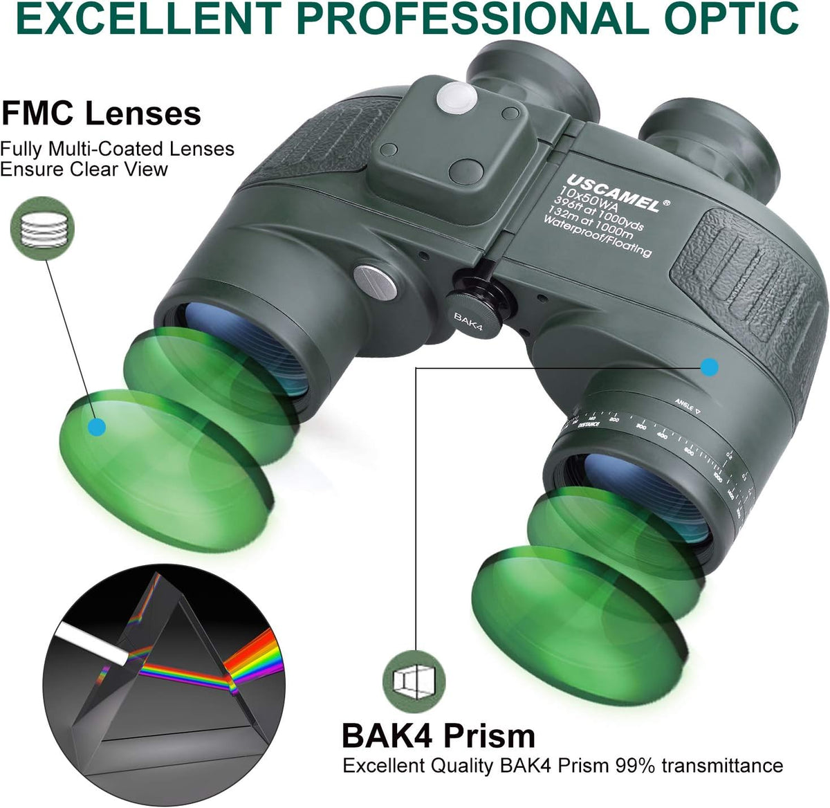 USCAMEL® 10x50 HD Militaire Verrekijker met Afstandsmeter Kompas Telescoop Stikstof Gevuld Waterdichte Sport Optica Legergroen