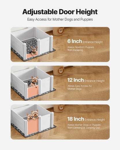 VEVOR Hondenspeelbox, 98 x 98 x 46 cm, plastic PVC puppybox met in hoogte verstelbare deur en wasbare plasmat, anti-vervorming indoor puppy speelbox voor middelgrote honden, melkwit