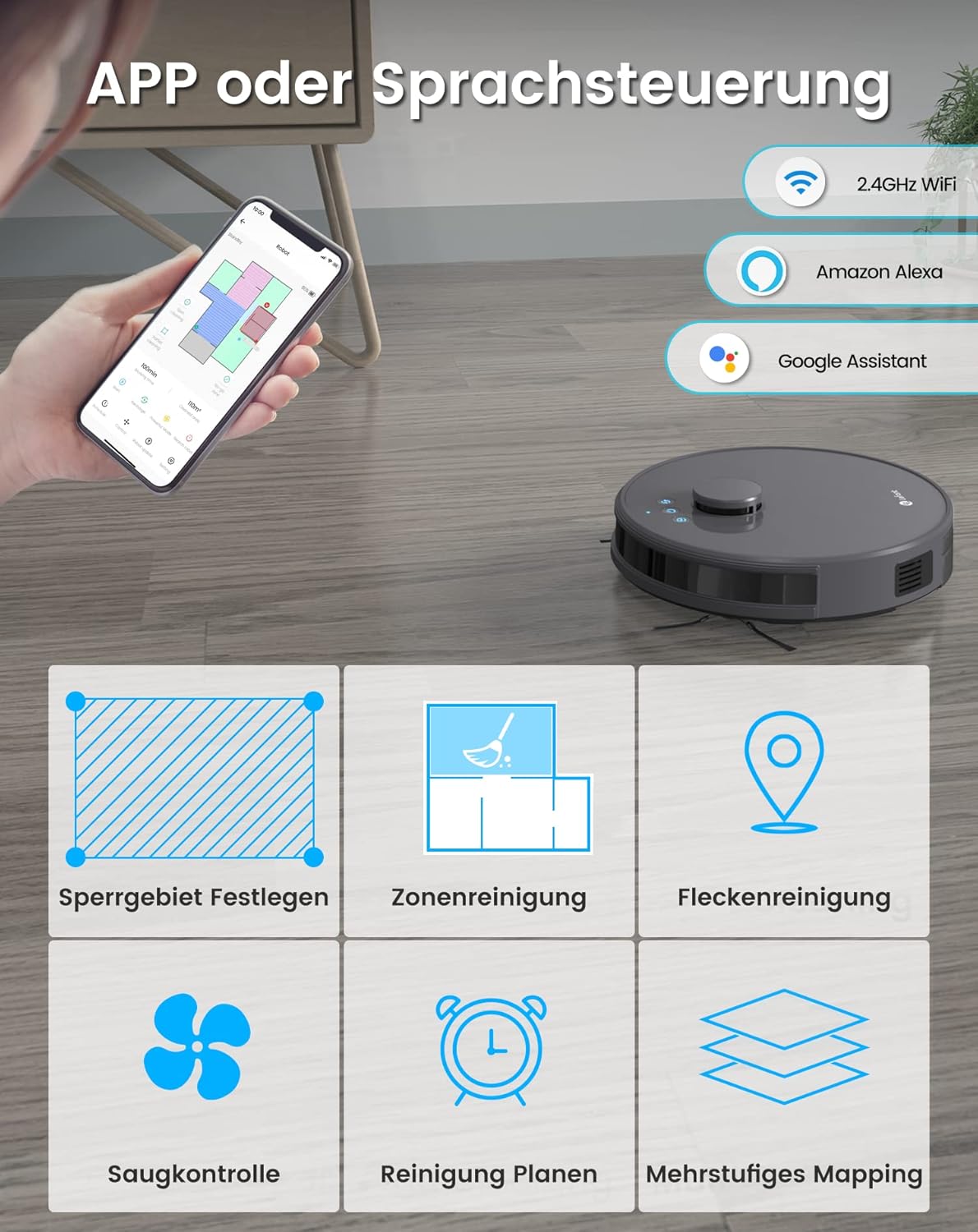 LEFANT M1G Robotstofzuiger met dweilfunctie, 4000 Pa, LiDAR-navigatie, meerlaagse mapping, virtueel gebied, verbonden met Alexa/APP/WiFi, perfect voor dierenharen, tapijten, harde vloeren