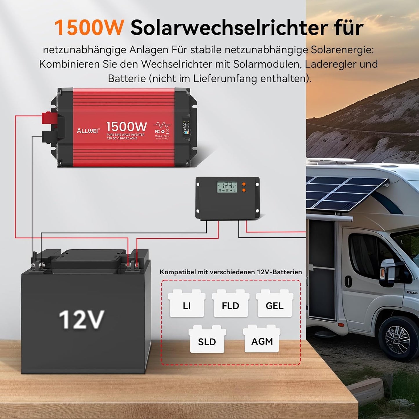 ALLWEI 1500 W zuivere sinus omvormer, 12 V naar 230 V, spanningsomvormer voor thuis, camper, vrachtwagen, netonafhankelijke zonne-installaties, omvormer, inverter 12 V 220 V, piekvermogen 3000 W