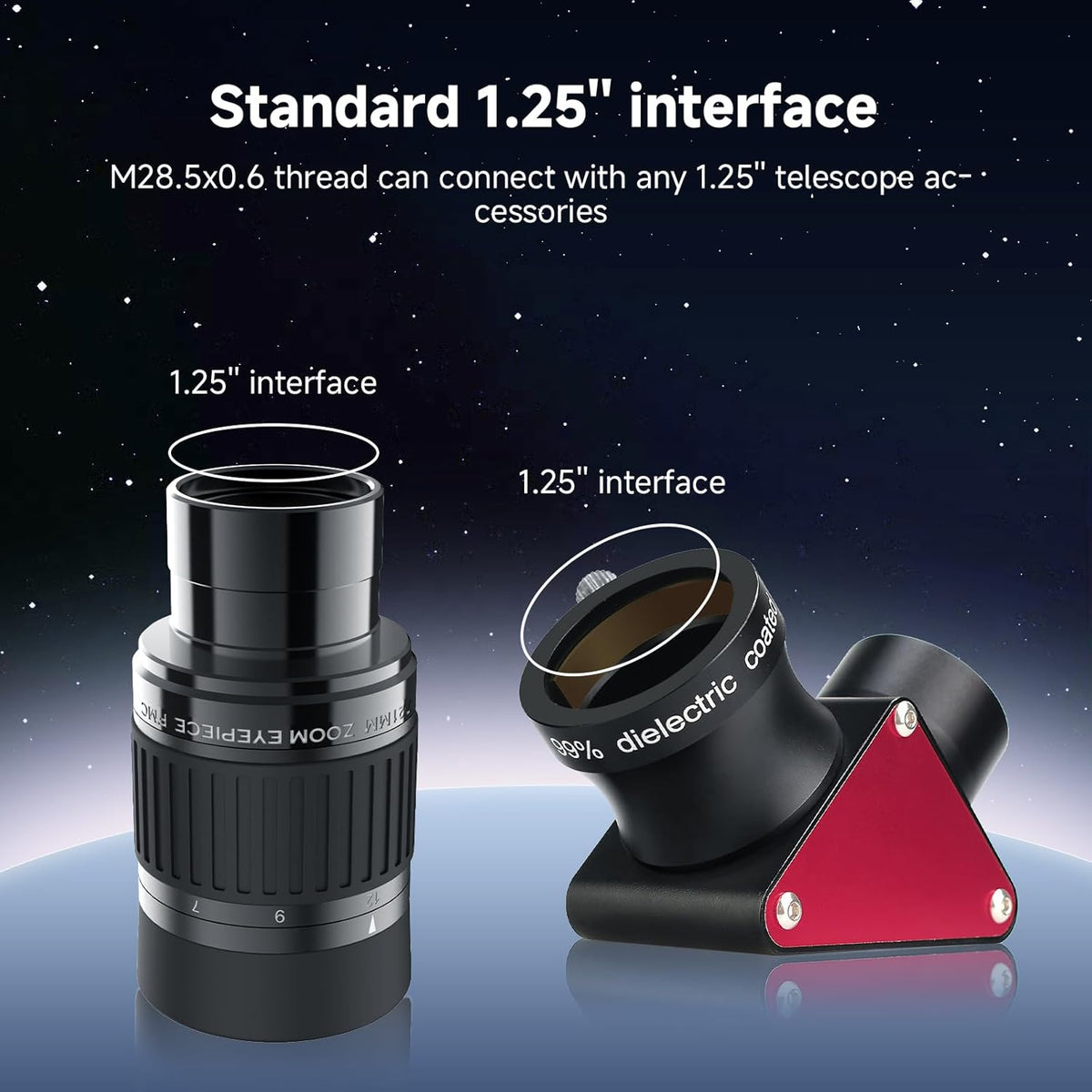 zoom telescoop oculair accessoires 1.25'' 7-21mm brandpuntsafstand 50° 47° veldweergave 18mm 16.3mm oogreliëf zenit diëlektrische spiegel 99% reflectiviteit astronomie planetaire maan mars deep sky