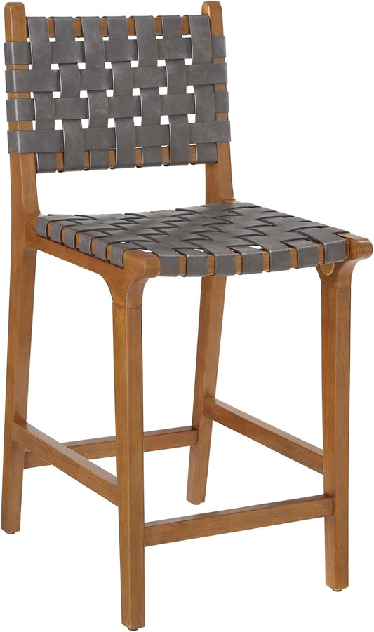Ball & Cast Woven Counter Stool Kitchen Counter Hoogte Barstool Backrest Wooden Weave Stool, Dark Grey Faux Leather