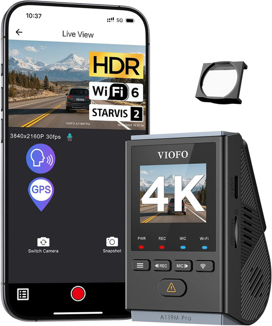VIOFO A119M Pro 4K HDR Mini dashcam auto met CPL, Wi-Fi 6 & GPS autocamera voorzijde met STARVIS 2, spraakbesturing en spraakweergave, nachtzicht 2.0, gebufferde parkeermodus, 1,5 inch lcd-scherm