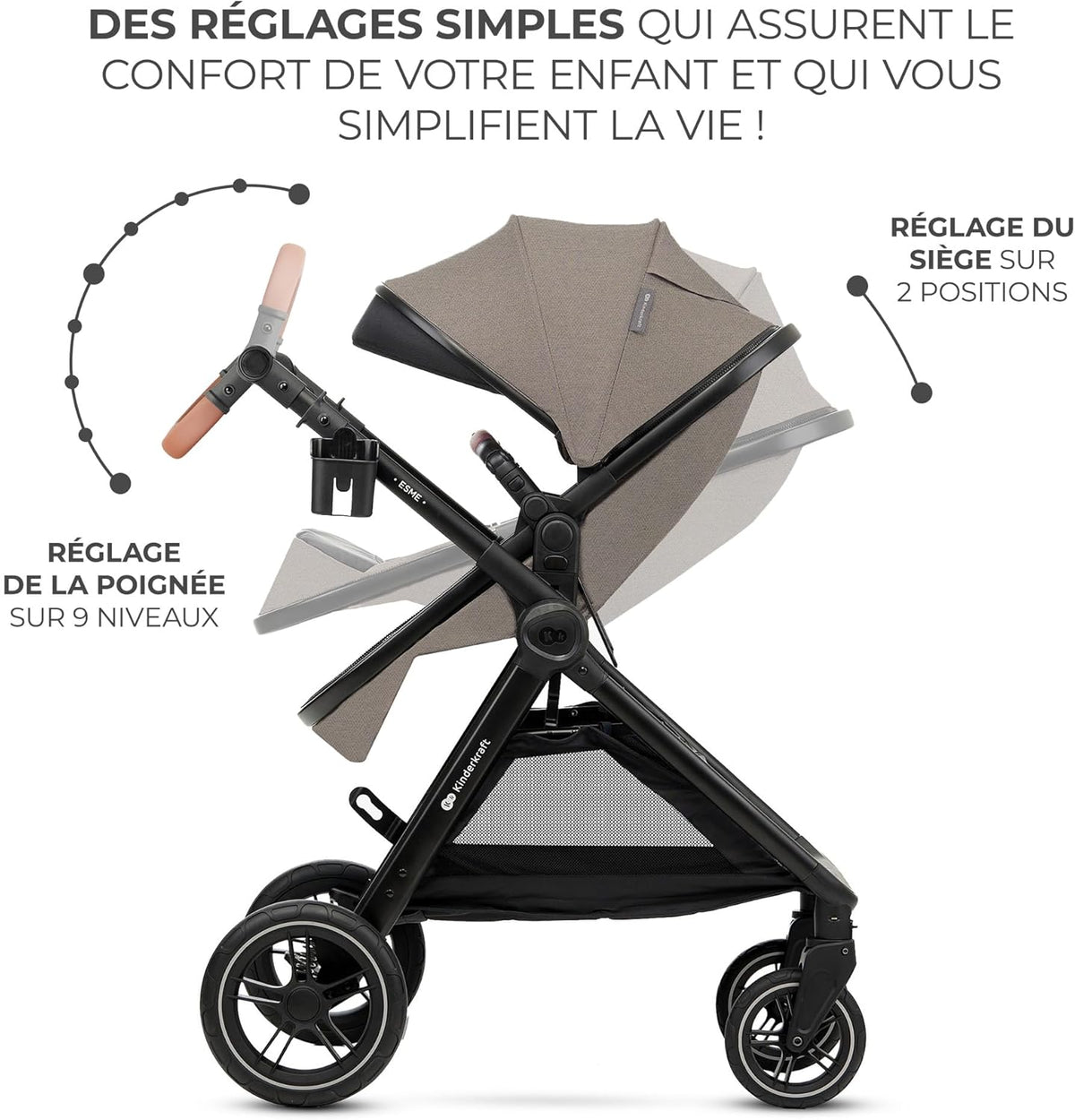 Kinderkraft ESME Mink Pro I-Size 3-in-1 autostoel met draagzak, reissysteem, babybuggy, opvouwbare kinderwagen, voor pasgeborenen tot 4 jaar, beige