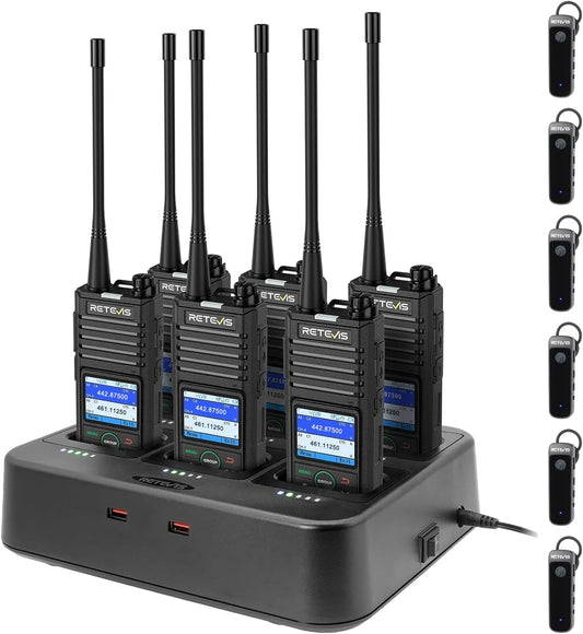 Retevis RB658 Walkie Talkies voor Volwassenen, 2-weg radio met Draadloze Oortelefoon, 6-Weg Oplader, APP-Verbinding, 1800Ah-accu, 1,77 inch Scherm, voor School, Beveiliging (6 Stuks, Zwart)