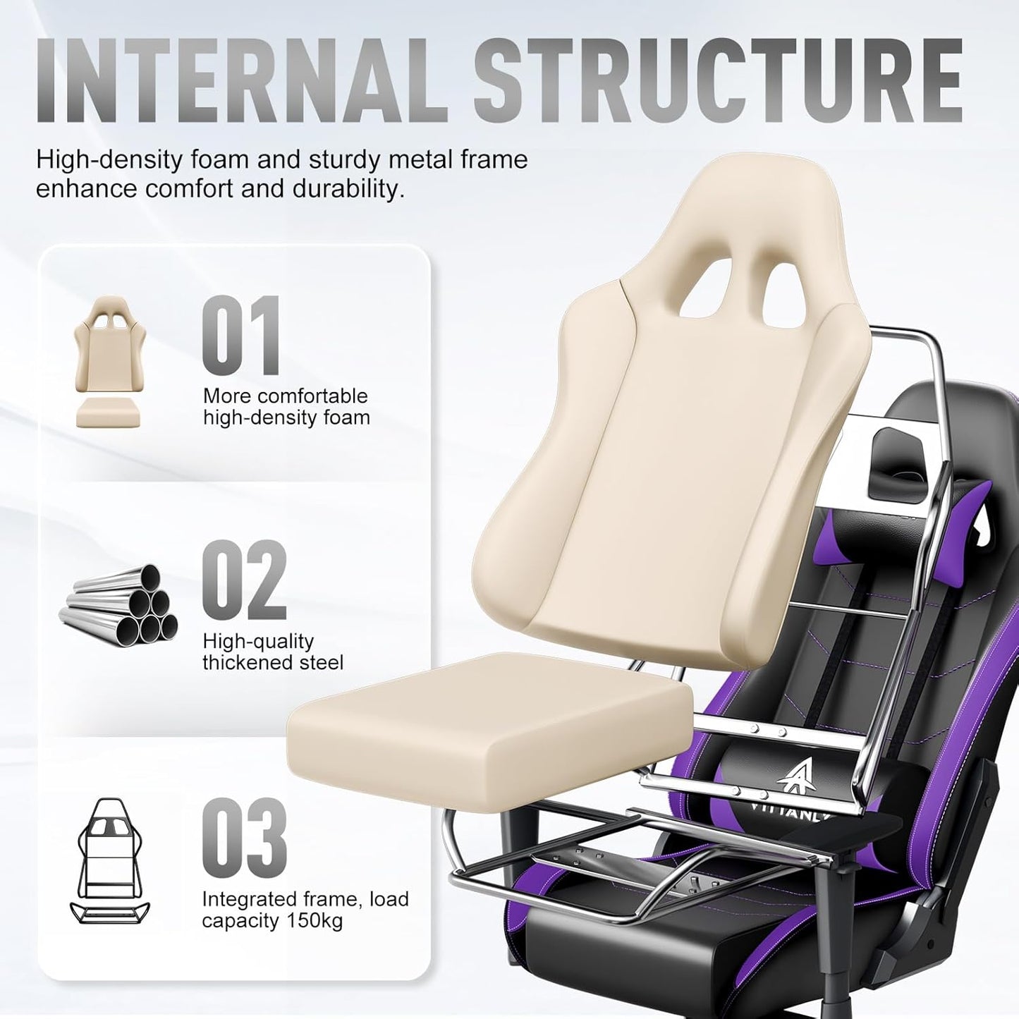 Ergonomische Gamingstoel – Gamerstoel – Bureaustoel – Gaming Stoel – Gamechair – In Hoogte Verstelbaar – 90-165° Kantelbare Rugleuning – Draaibaar 360° – Lila Variant – Met Hoofdsteun en Lendenkussen – Stevig Tot 150 kg