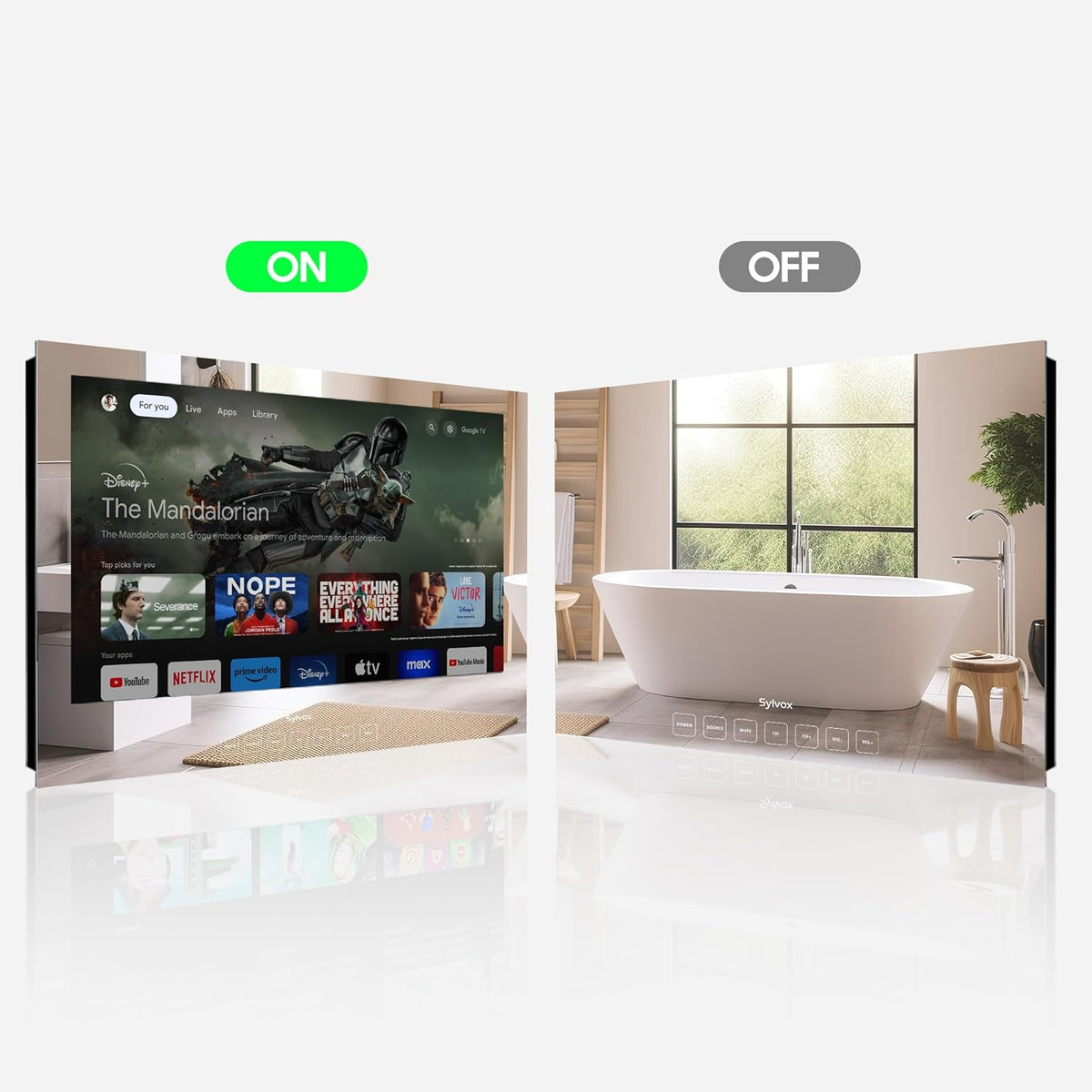 SYLVOX Smart Google Television 1080p FHD 500 nits spiegel, geïntegreerde montage, design tv, IP65 waterdicht, DVB-C/T2/S2, wifi, Bluetooth, voor douche, badkamer
