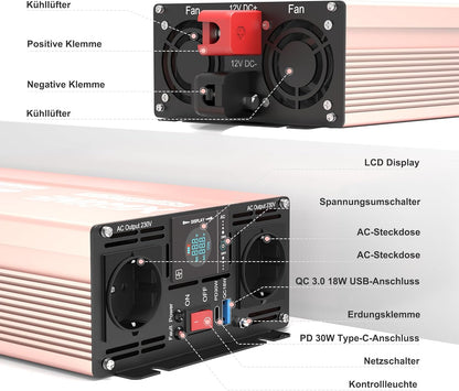 XWJNE Converter, 12 V, 220 V, zuivere sinus, 2000 W, omvormer, spanningsomvormer met 2 EU-stopcontacten, 1 USB-A, 1 USB-C, lcd-display, afstandsbediening, transformator 12 V, 220 V, voor auto, camping