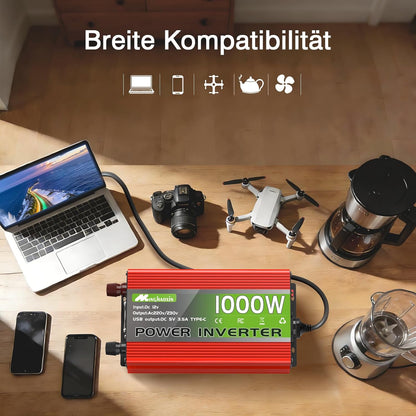 1000W inverter, 12V to 230V, with EU compatible sockets, USB ports and an LCD display, peak power 2000 watts for household appliances, campers, boa
