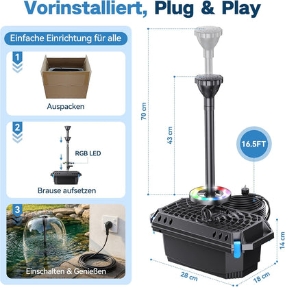 Biling Vijverfilter met uv-zuiveraar en RGB-verlichting, 40 W, 2500 l/u, vijverpomp, pomp met 3 fonteinen, stille vijverfilterpomp voor maximaal 3000 liter tuinvijvers, siervisvijvers, kikkers