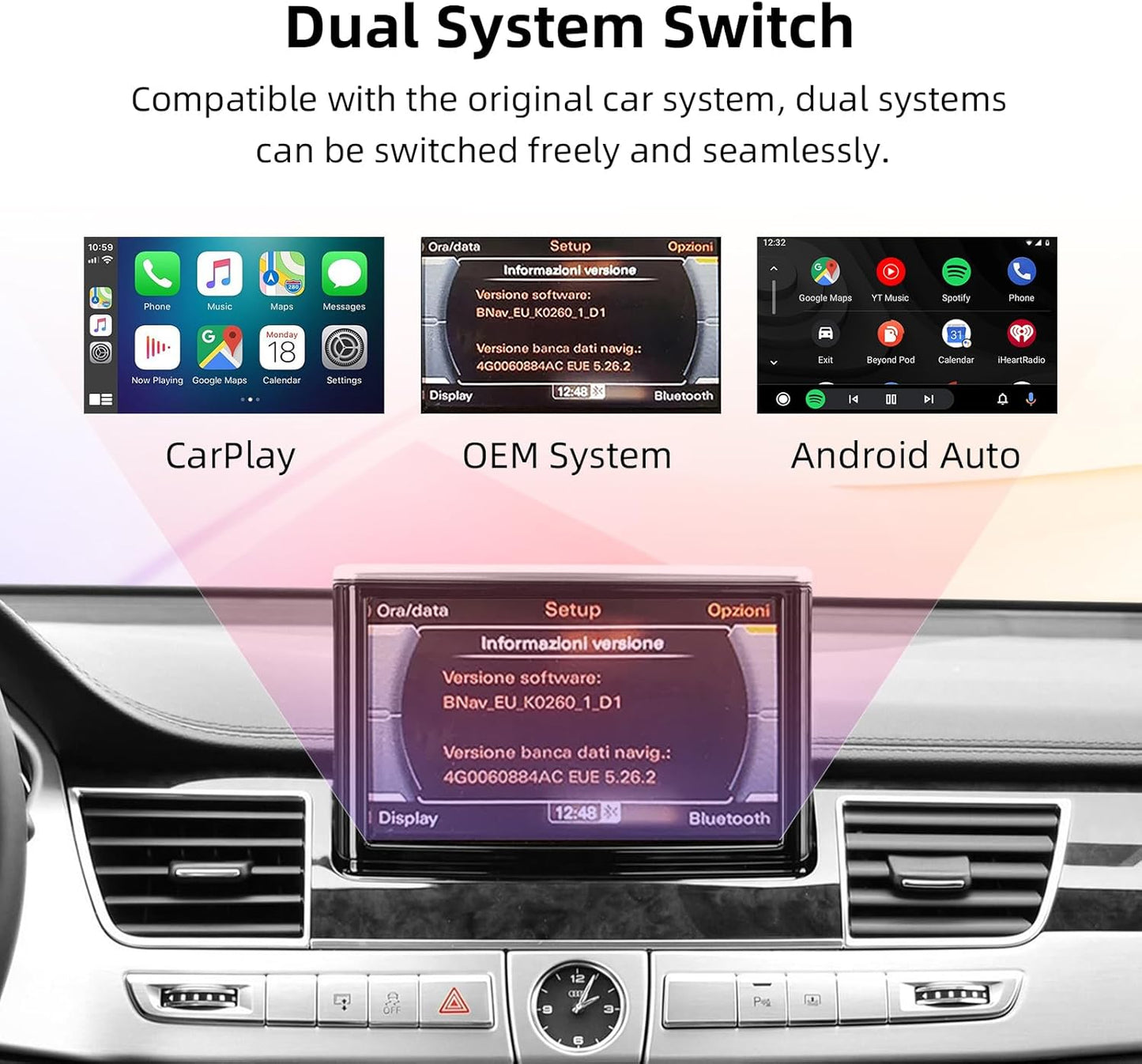 CarPlay Module – Draadloze CarPlay Dongle – Android Auto Adapter – MirrorLink Interface – Auto Multimediasysteem – Plug & Play Installatie – Stuurwielbediening – Compatibel met Audi A8 2010-2017 6,5"/7" MMI 3G Scherm