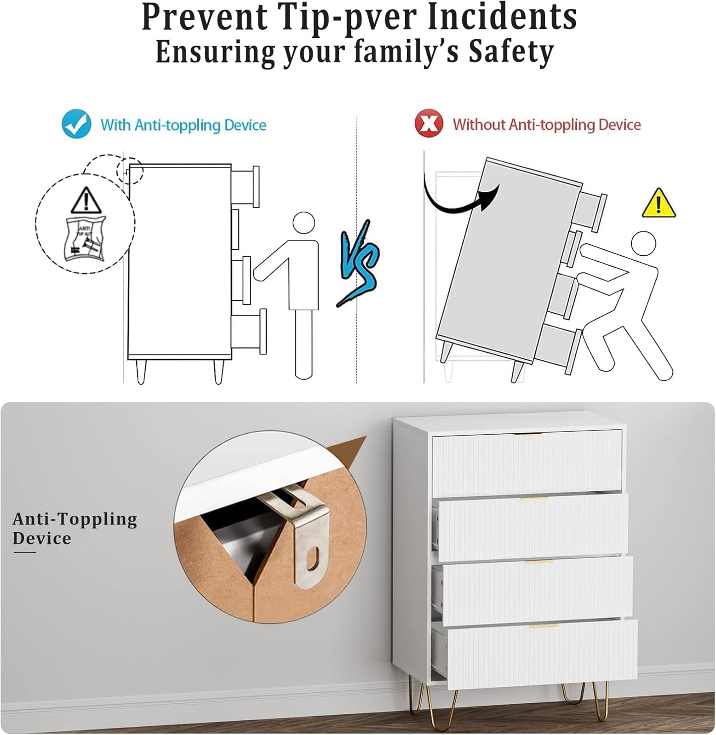 Ladecommode, houten 4 laden kast opbergorganizer, hoge hoogglans ladekast met gouden metalen poten voor slaapkamer, woonkamer, kast, hal, wit