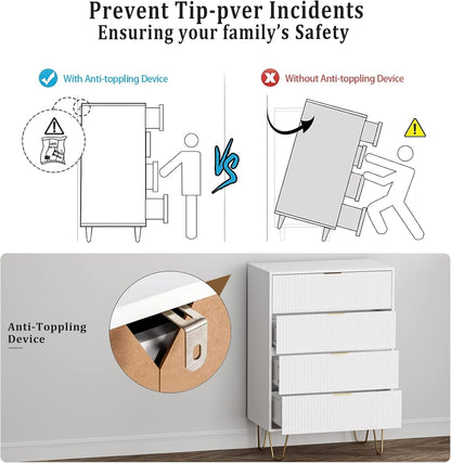 Ladecommode, houten 4 laden kast opbergorganizer, hoge hoogglans ladekast met gouden metalen poten voor slaapkamer, woonkamer, kast, hal, wit