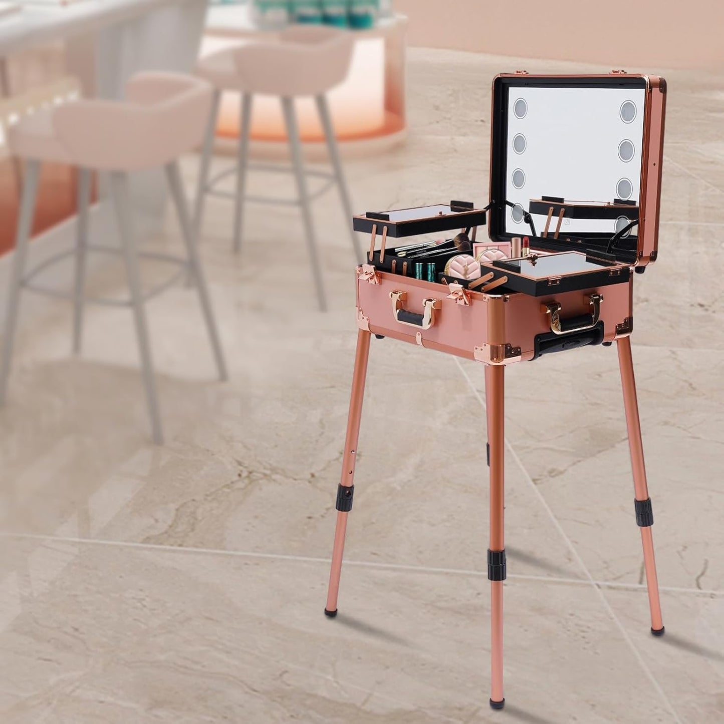 Cosmetic Trolley with Mirror - Makeup Suitcase and Cosmetic Case - Storage Cart Beauty Rolling Train Case KuNstler Travel Bag with 4 Wheels (Rose Gold) - QUORE