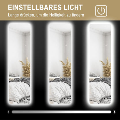HOMCOM Ganzkörperspiegel 150 x 40 cm Standspiegel mit LED-Beleuchtung, 3 Lichtfarben, Wandspiegel mit Ständer, Touch-Schalter für Schlafzimmer, Wohnzimmer, Transparent - QUORE