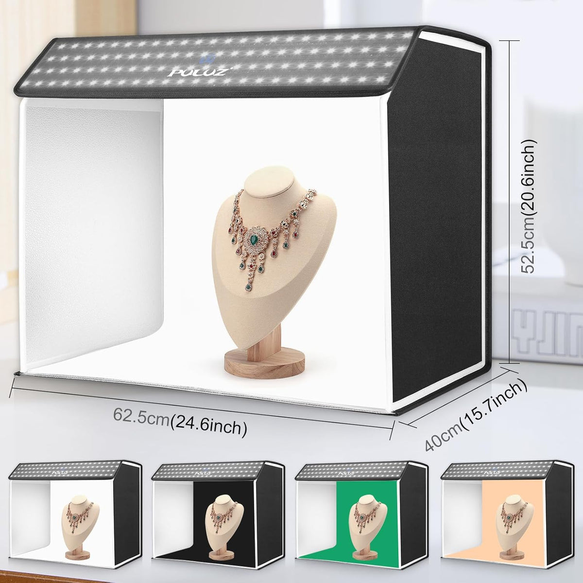 Fotobox, draagbaar lichtveld voor fotostudio, dimbaar, inklapbaar, PULUZ 60 x 40 cm, met 4 gekleurde achtergronden, voor sieraden, productfotografie